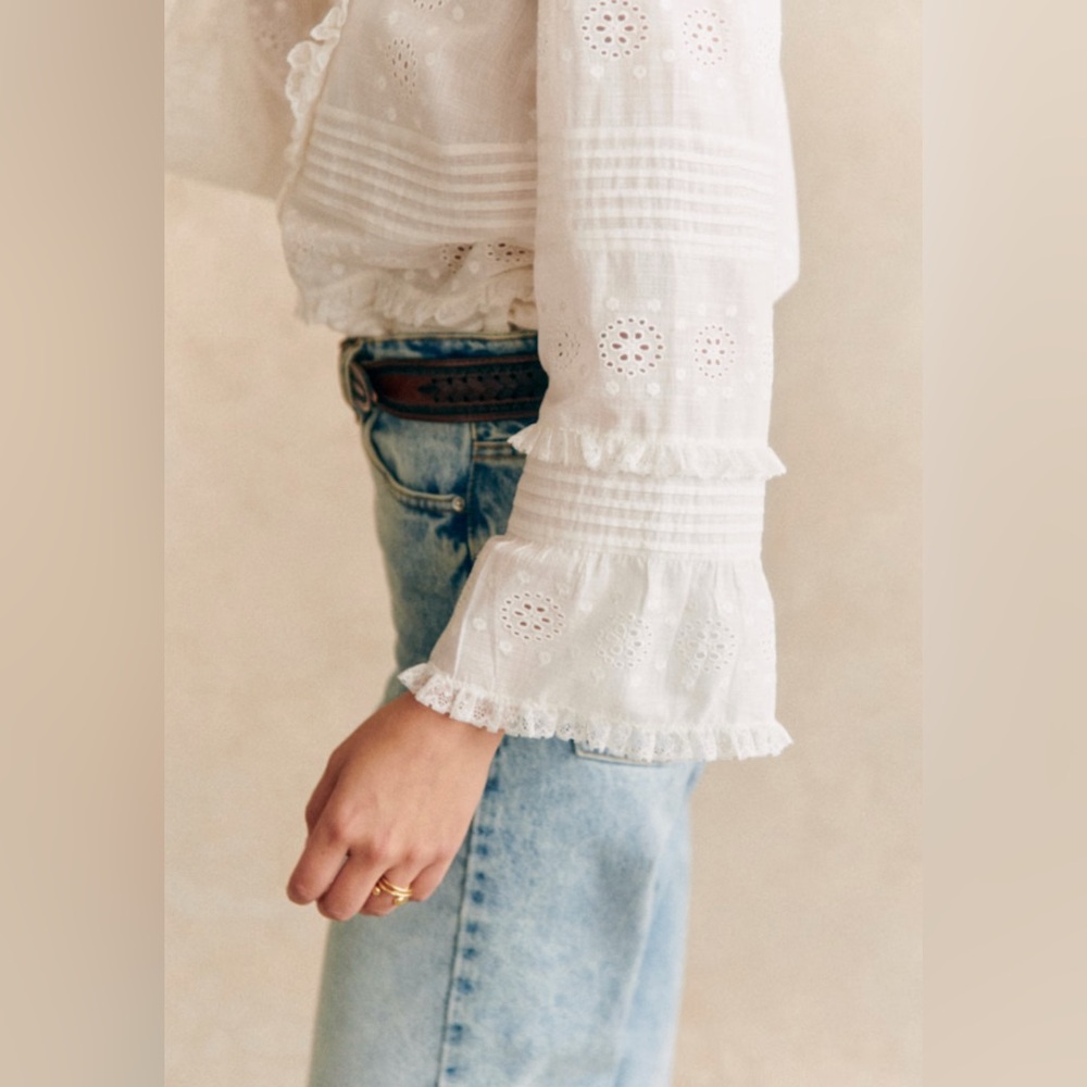 Sezane White Eyelet Ruffle Wrap Blouse - Picture 3 of 8